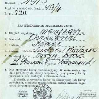 Zaświadczenie mobilizacyjne, 1939 r.